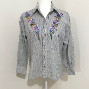 Las Olas Button Down Shirt Black & White Stripes Painted Floral Details Size S